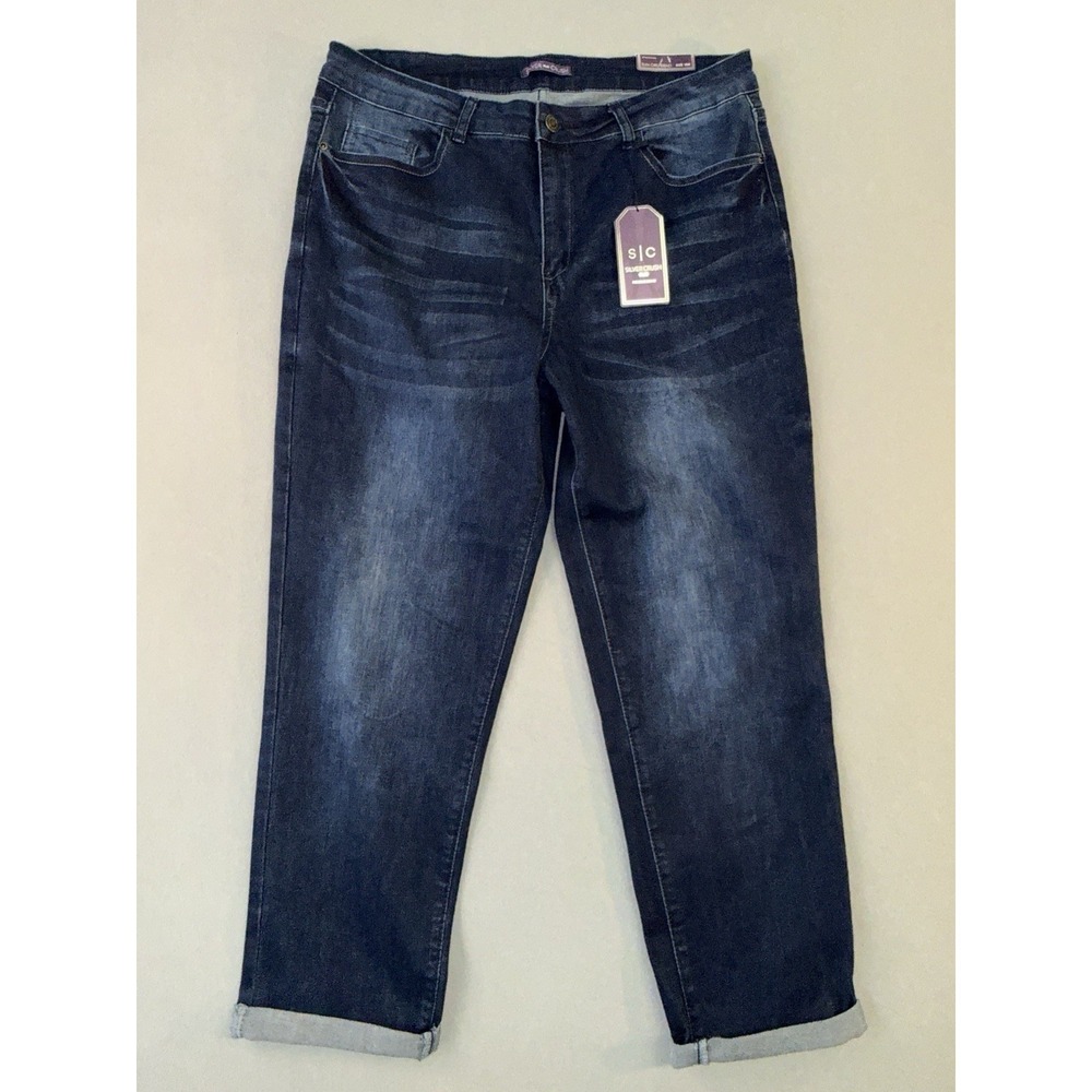 Women's Silver Crush Slim Girlfriend Jeans Dark Wash Blue Size 16W